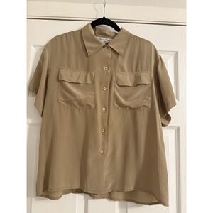 Vtg Oscar de la Renta Expressions Blouse 100% Silk Tan Camel Collared Shirt S 14